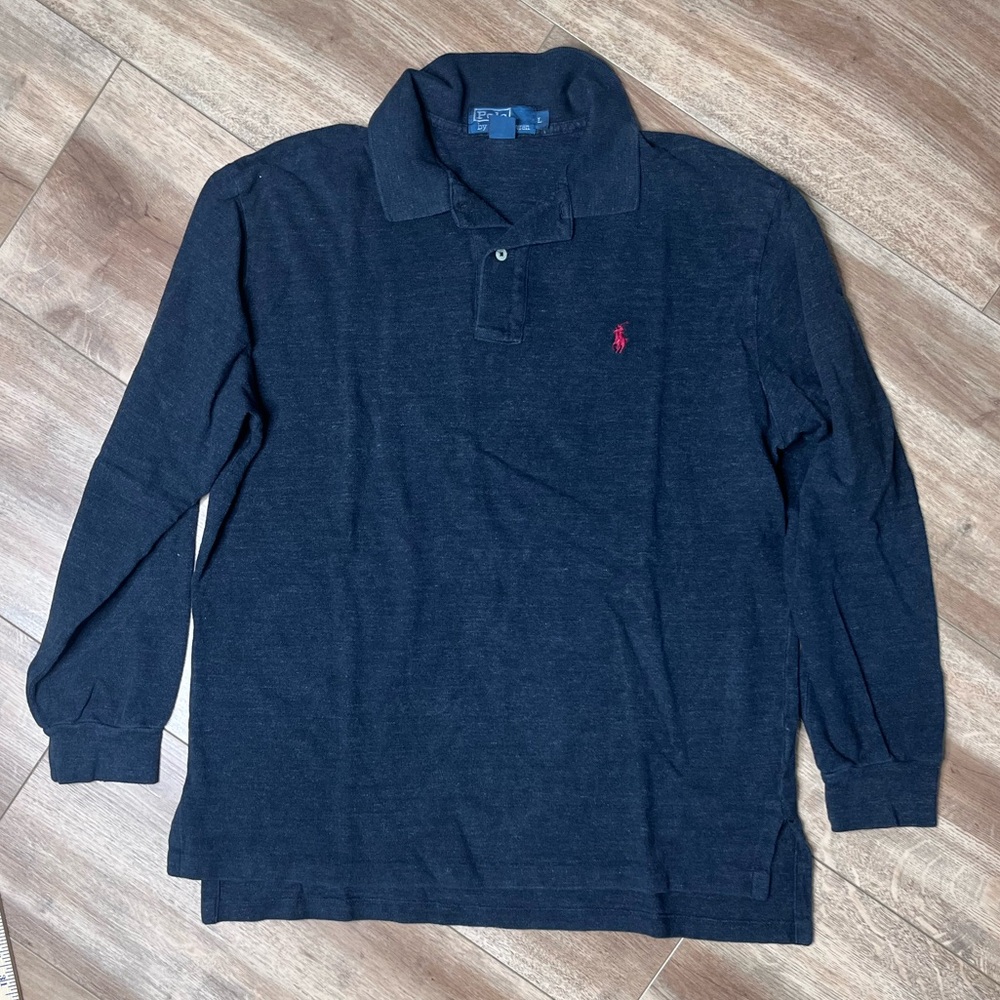 Polo Long Sleeve men’s Shirt charcoal with Red Logo. Size large, 100% Cotton